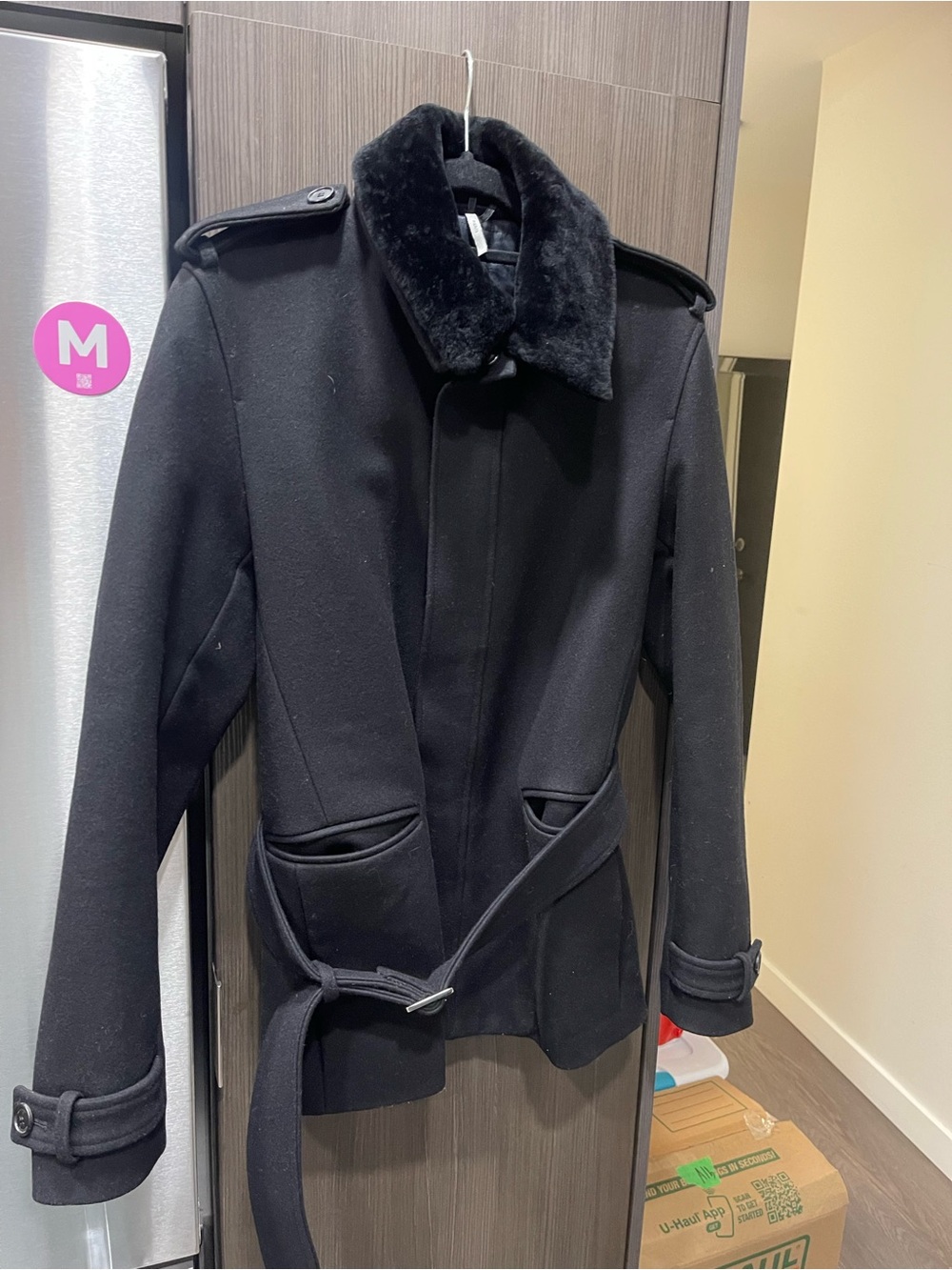 Dior Black Wool Pea Coat with Faux Fur Collar